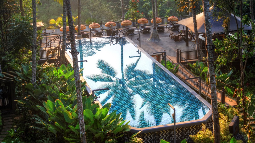 Capella Ubud pool area with poolside lounge chairs with traditional Balinese umbrellas and surrounding forest. 