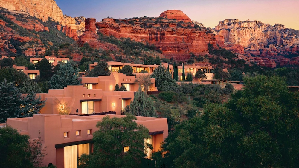 Enchantment Resort adobe villas set among surrounding large red rocks.