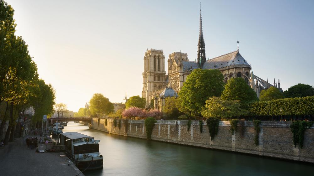 View of Notre Dame Cathedral from the bank of the Seine River