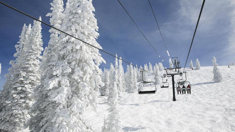 Snowy trees and moguls with riders and skiers sitting on a chair lift going up the hill.  