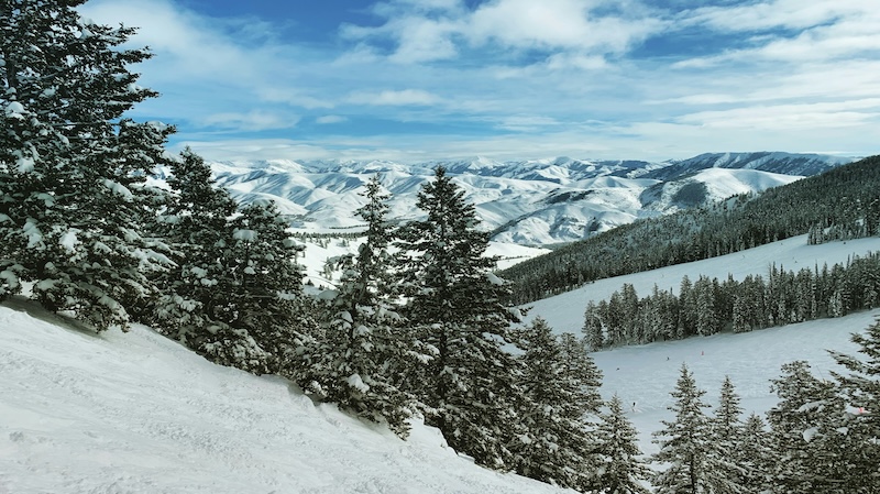 Vista of mountain from one of the slopes of Sun Valley in the winter. 