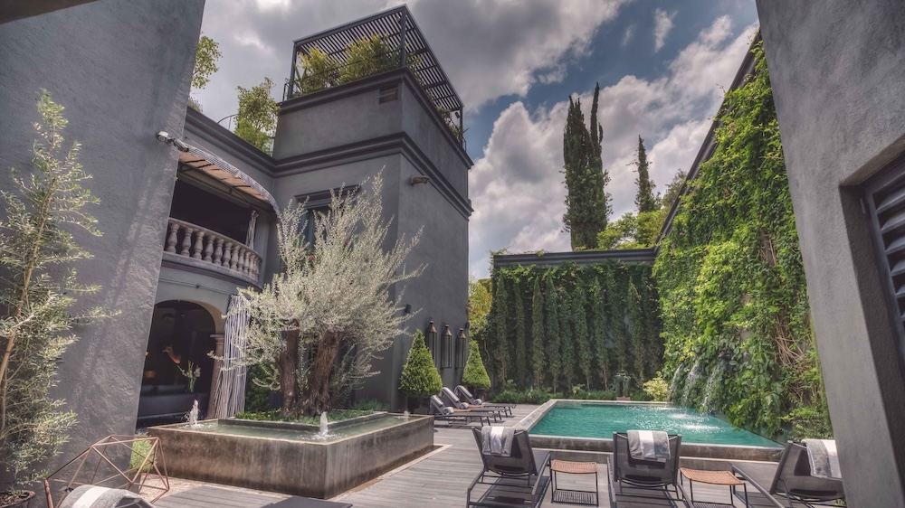 Casa Fuentes pool and courtyard area with walls covered in vines with pool, lounge chairs and trees planted around the area. 